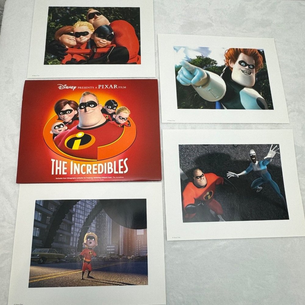 Disney Pixar 2004 The Incredibles 4 Lithographs Suitable For Framing w/Folder